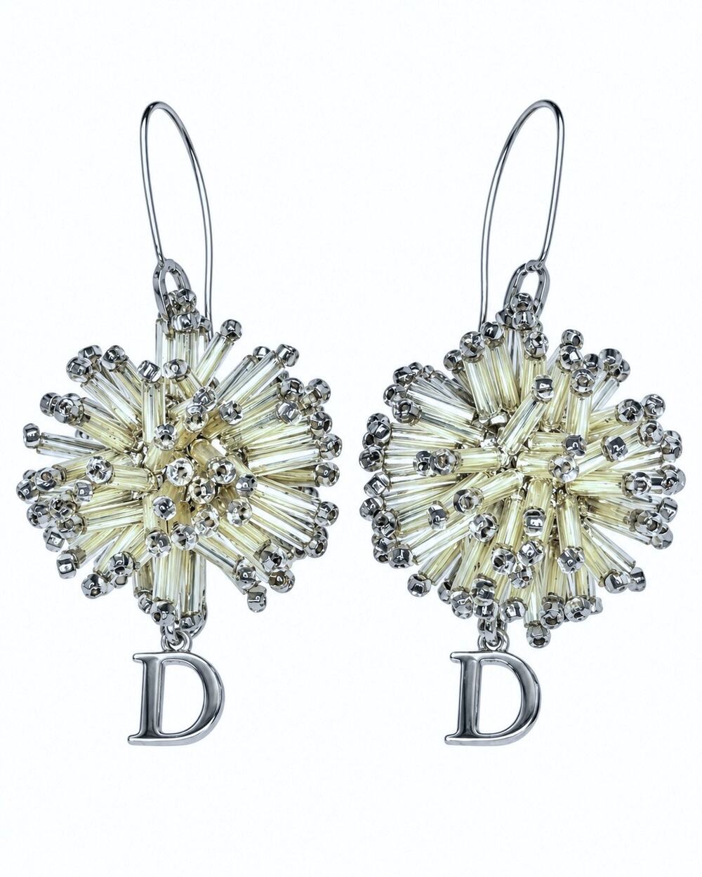 Vintage Christian Dior Sunburst Beaded Cluster Ball Silver D Logo Charm Earrings